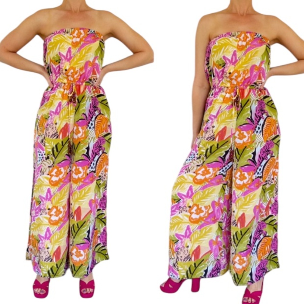 True Destinations pink tropical tiger print strapless tie waist jumpsuit small